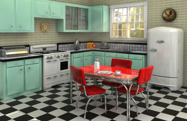 Dapur dengan perabotan dapur bergaya retro